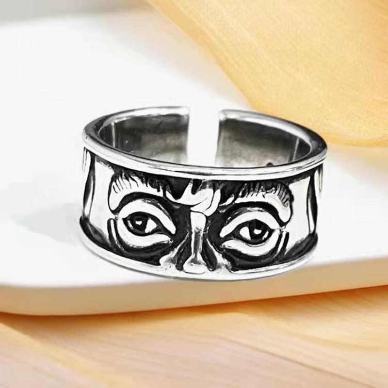 Adjustable Open Ring With Engraved Eye Motif Sterling Vintage Boho Jewelry Women Men