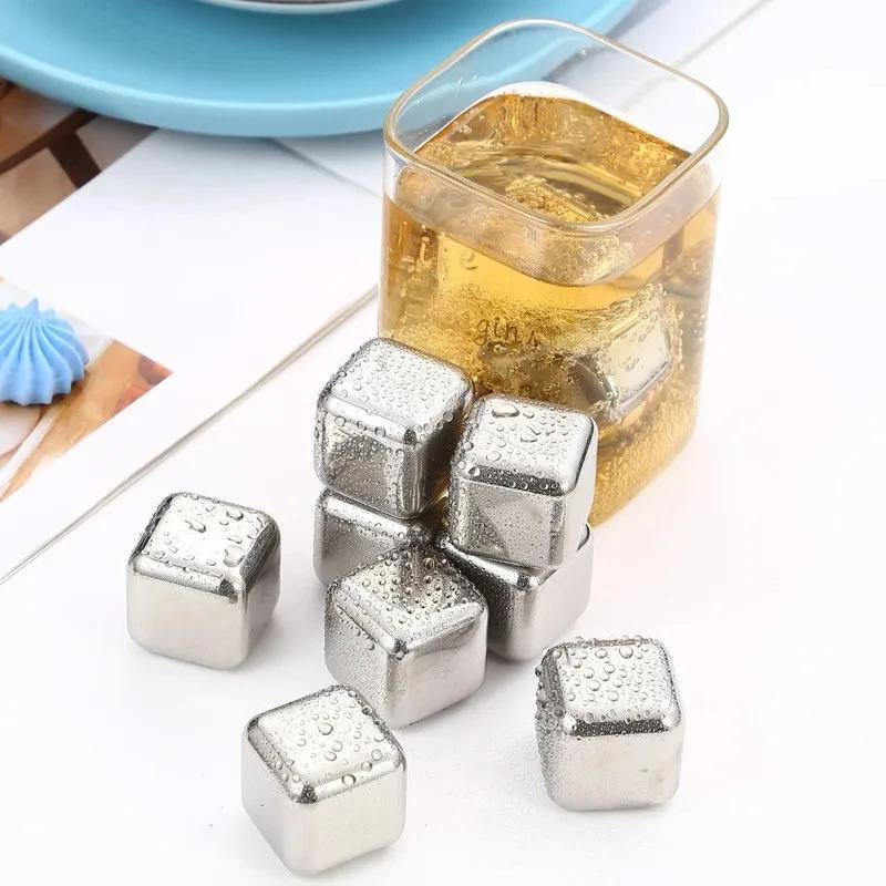 4/6/8pcs Stainless Steel Ice Cubes Set Juice Beer Wine Whisky Cooler Rocks Food Grade Reusable Cooling Cube Home Party Bar Tools