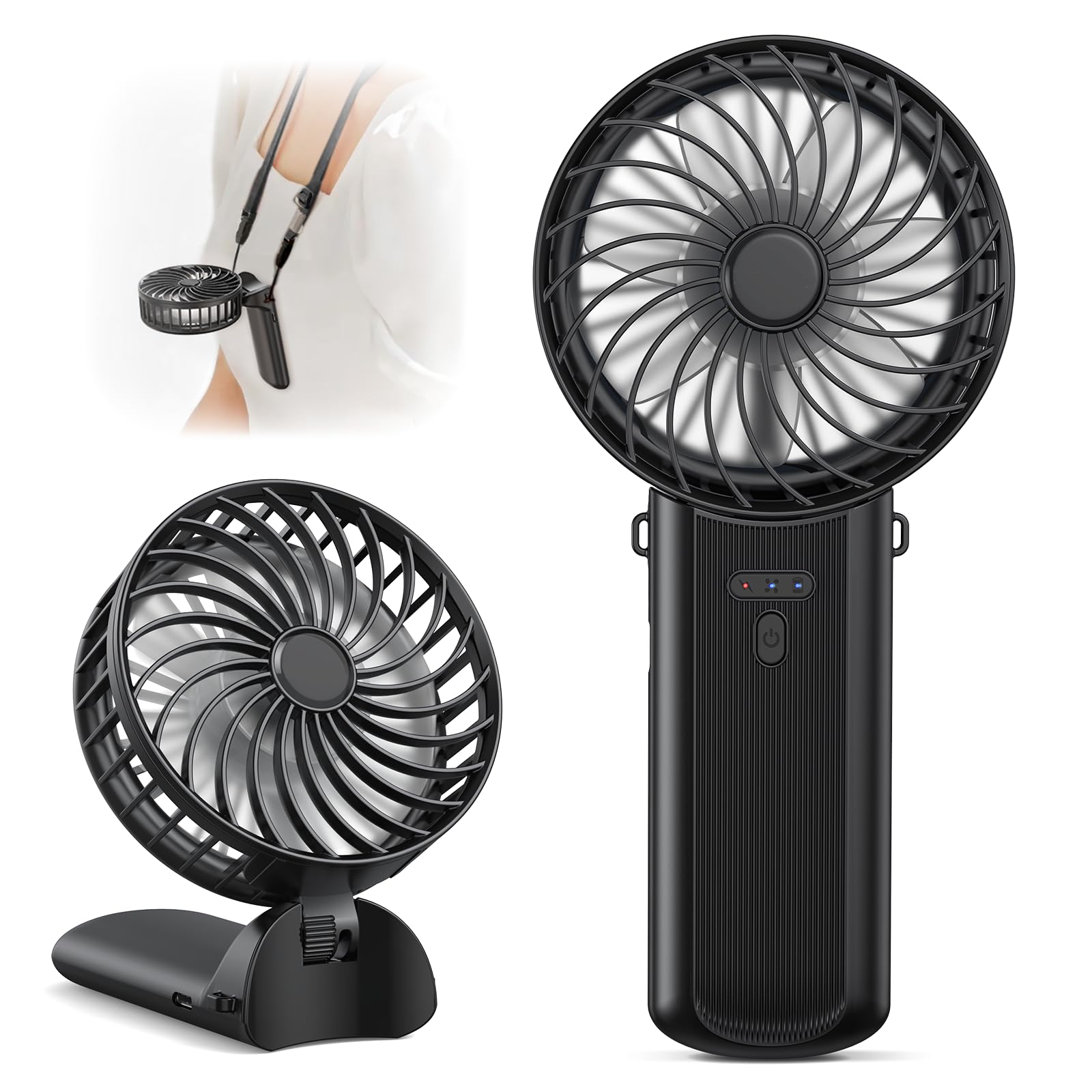 

Ручний вентилятор для портативного надпотужного 4 регульованих 7 16 годин міні-регульований ремінець запобігання тепловому удару [Новинка 2025, 3-стороння трансформація] Вентилятор, чорний