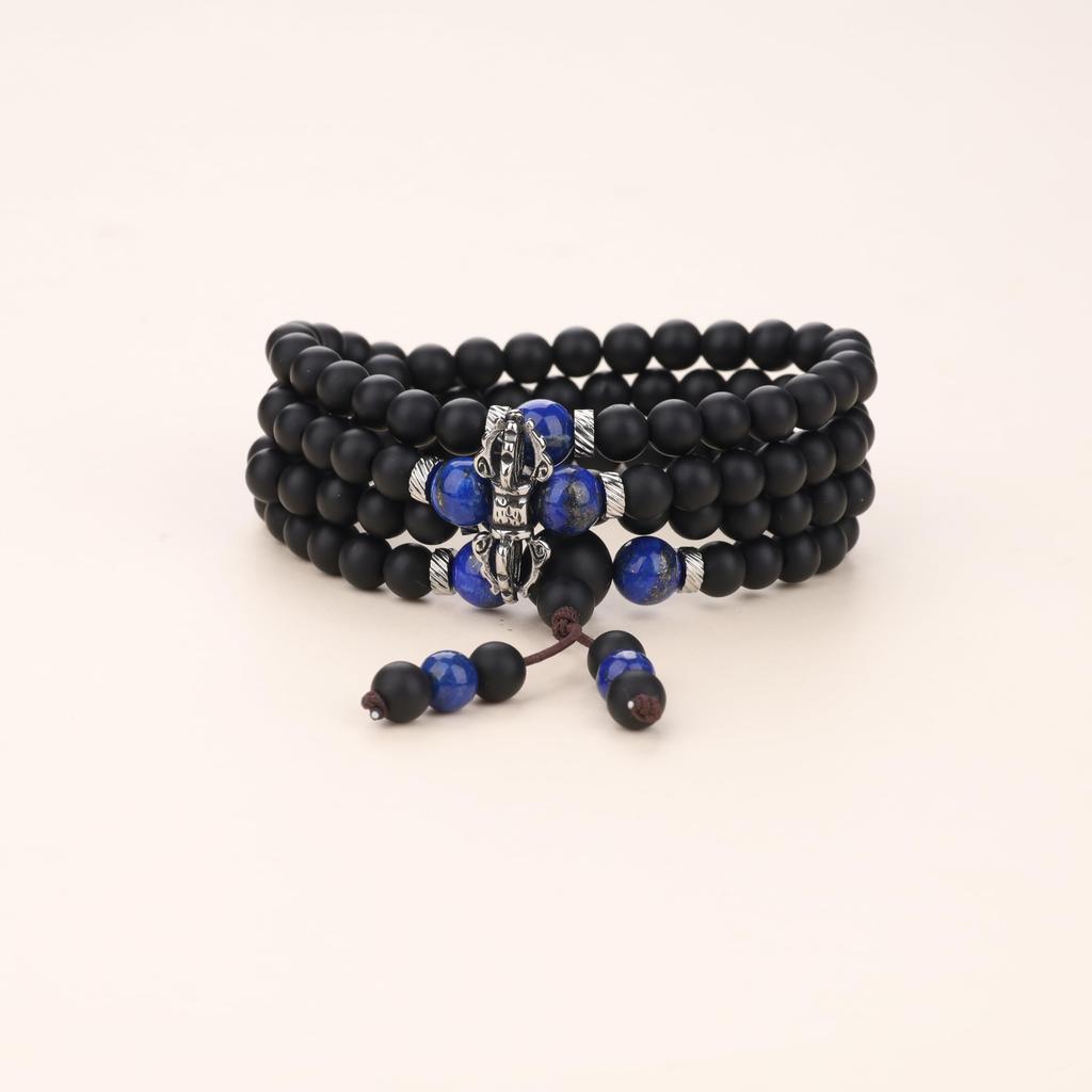Vajra Pestle 108 Beads Lapis Lazuli Matte Onyx Power Stone Necklace Bracelet Prayer Beads for Men Women [Coai]