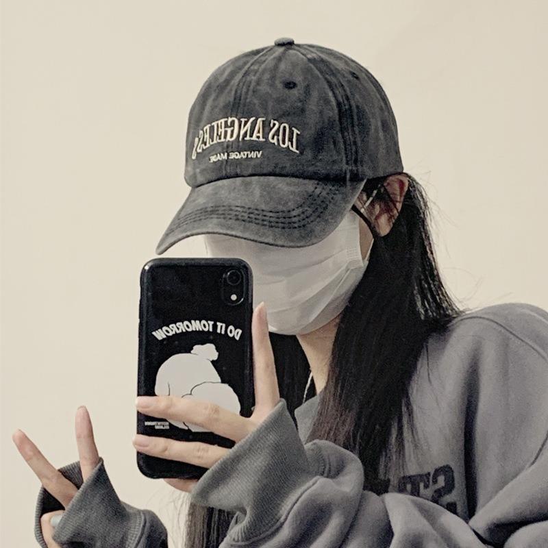 Retro gray baseball hat women's summer washed big head circumference tide autumn and winter showing face small peaked cap