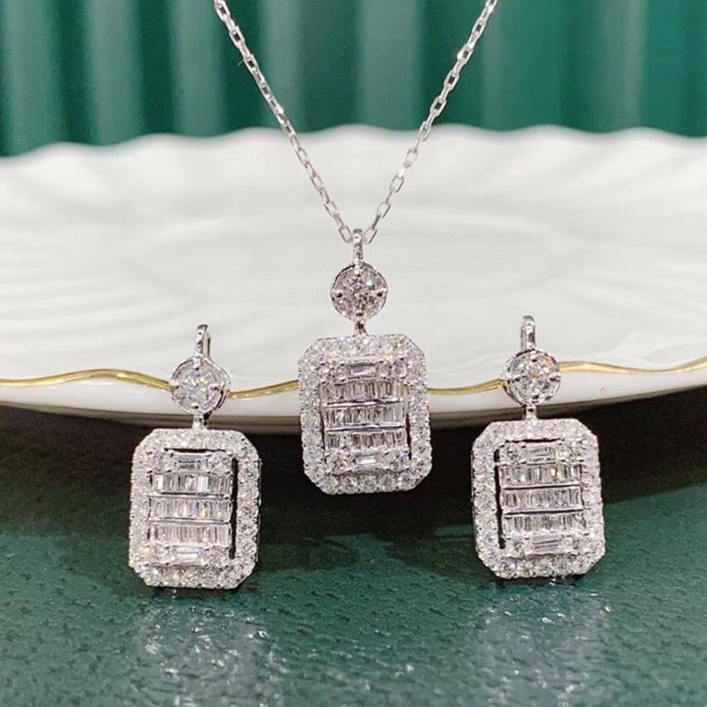 Two Tier Round and Baguette Mixed Cut Cubic Zirconia Halo Square Pendant Luxury Women Clavicle Necklace