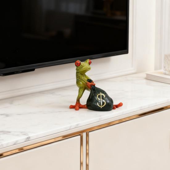 Frog Money Bag Statue Small Resin Frog Sculpture Desk Lucky Frog Ornament for Garden Home Office Workplace Decor