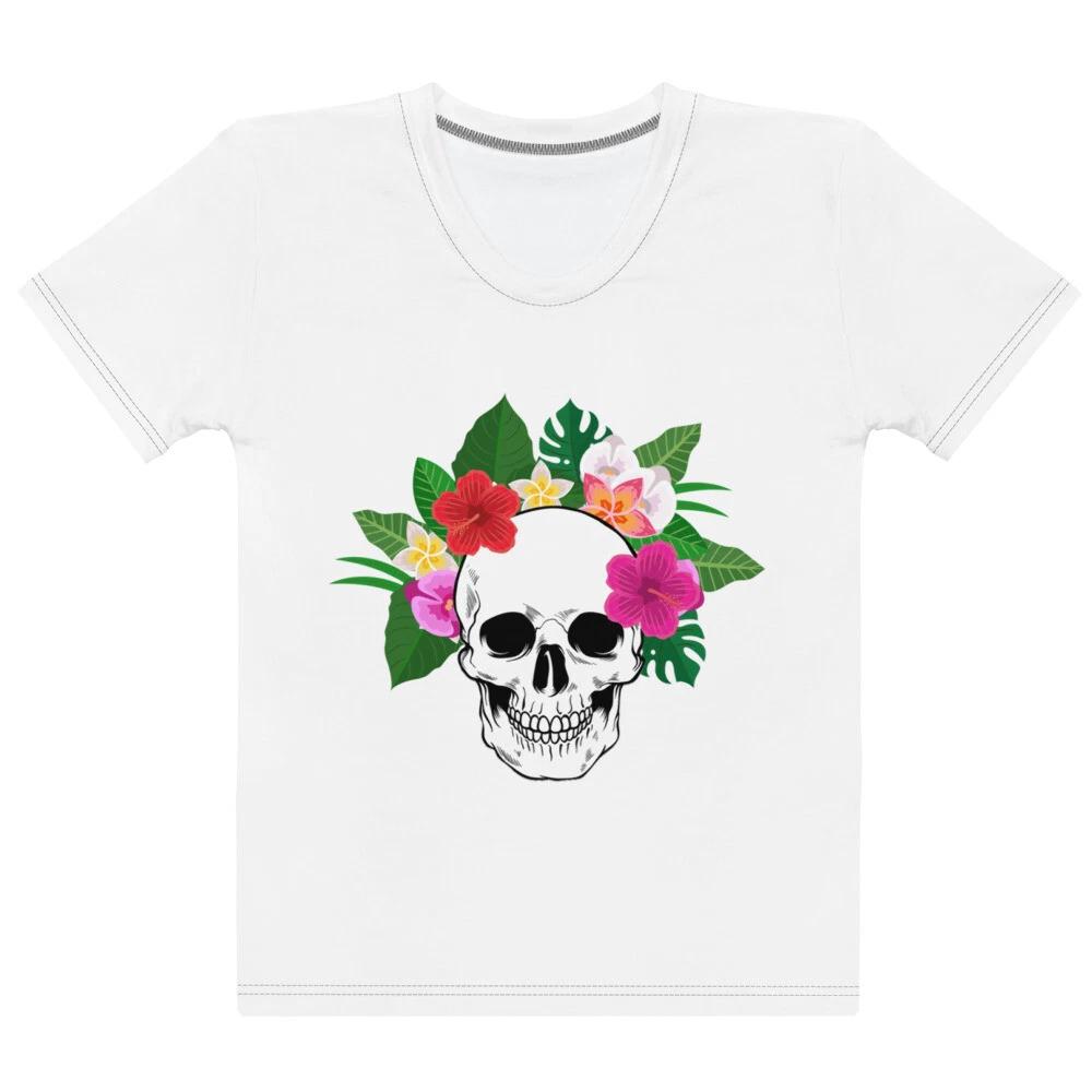 Women s T-shirt Skull with Hawaiian Flowers L