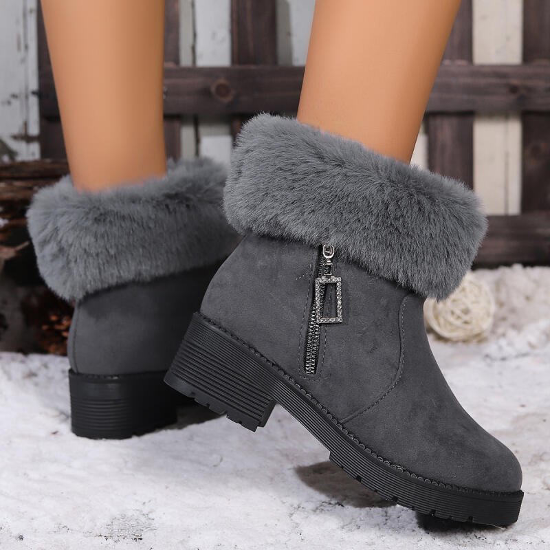 Fashion Elegant Furry Snow Boots Women 2025 Winter Non Slip Medium Heel Fluffy Fur Ankle Boots Retro Side Zip Cotton Mom's Shoes Autumn