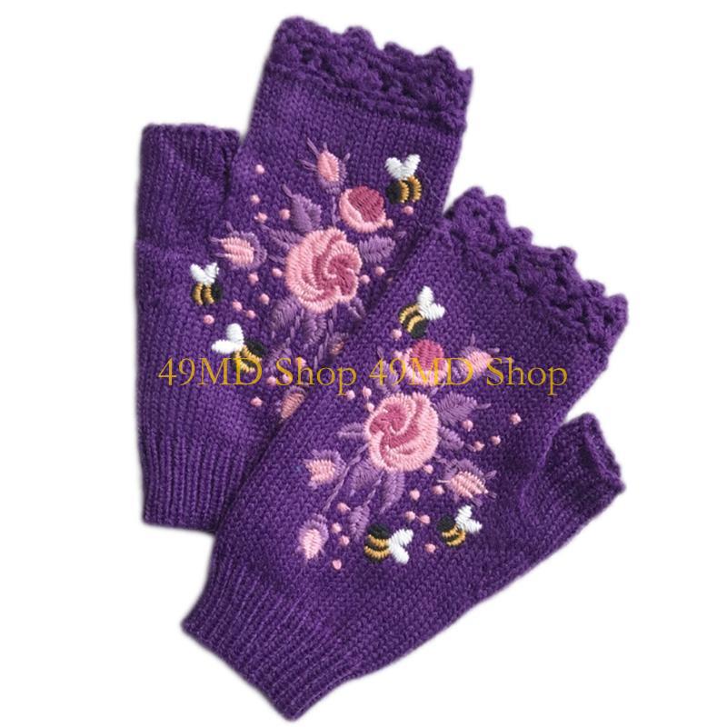 49MD Knit Fingerless Gloves Fall Winter Floral Embroidery Half Finger Cycling Mittens