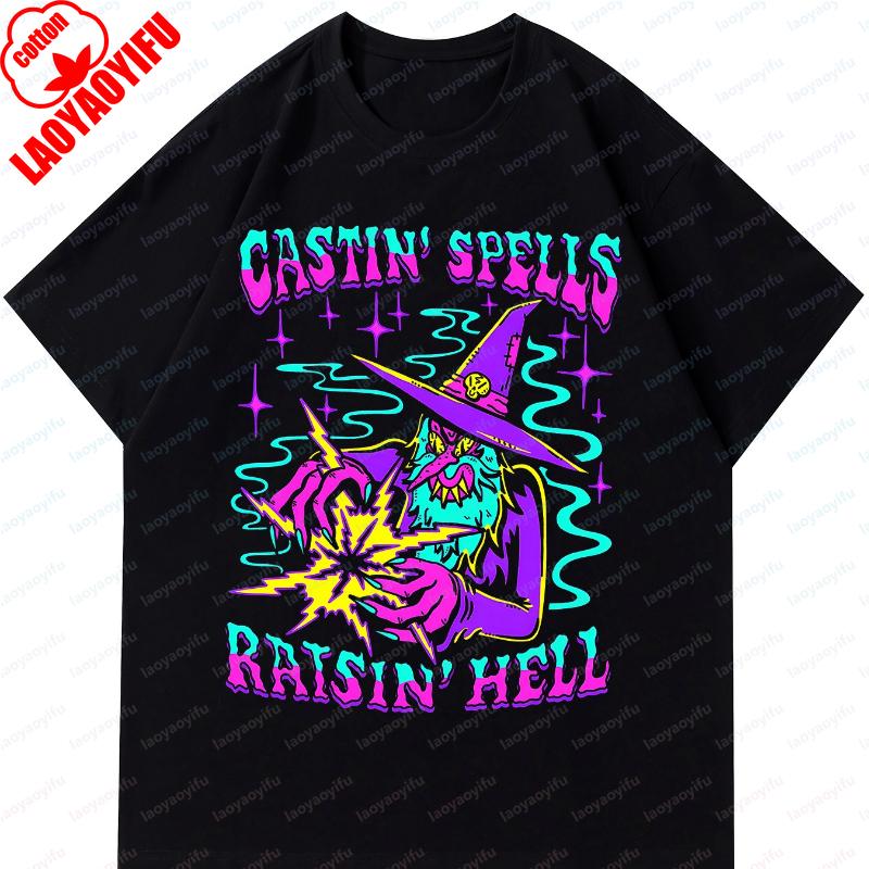 

Wizard Casting Spells Printed Unisex Cotton Tshirts Casual Short Sleeve Tee Summer Spring Gothic Novelty Women Men Cool Tops S