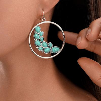 Women Bohemian Exaggerated Large Circle Leaves Turquoise Ear Drop Earring