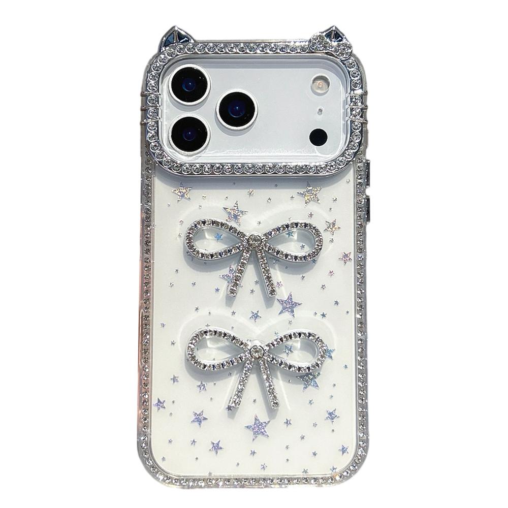 KEYSION Cute 3D Cat Ear Transparent Phone Case for iPhone 14 15 Pro Max 14 15 Plus Glitter Jewelled Bowknot Shockproof Back Cover