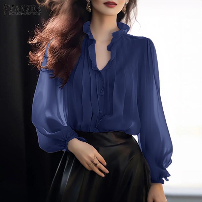 ZANZEA Bluză elegantă de damă cu gât în V, casual, cu mâneci lungi, tip cover-up