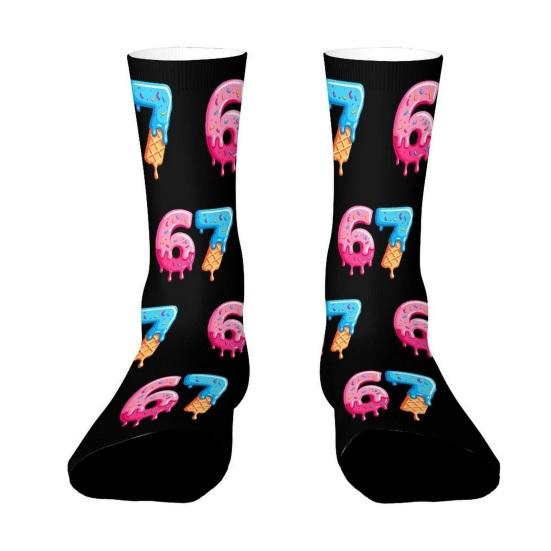 67 Meme Casual Socks Ice Cream 6 7 Crew Socks Funny Donut Six Seven Socks Gifts for Women Men Family Friends