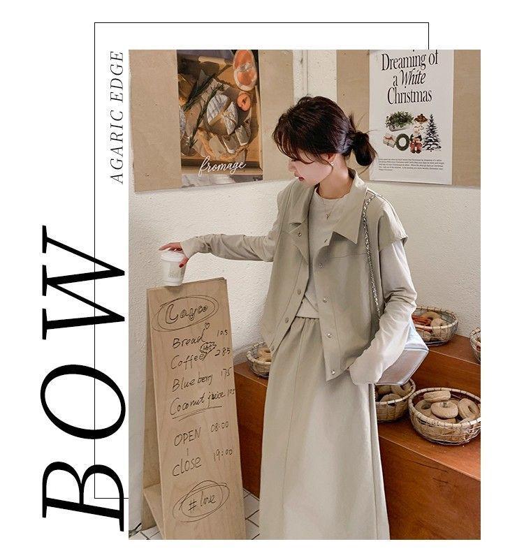 Korean Casual Workwear Vest & Skirt Set - Women's Spring/Autumn 2025 Three-Piece Outfit with Round Neck Long Sleeve Top.