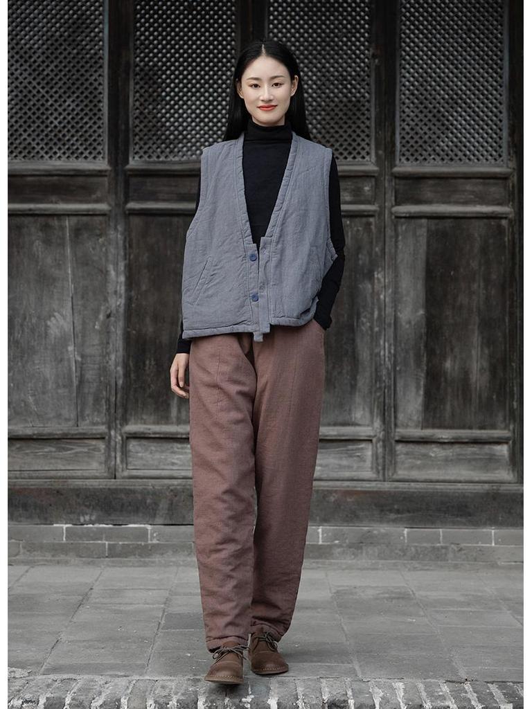 Women's Winter Cotton Linen Patchwork Trousers - Thick, Quilted, & Slimming Ramie Casual Pants