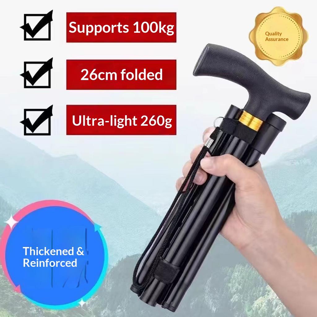 Foldable Telescopic Aluminum Alloy Trekking Pole Lightweight Multifunctional Elderly Hiking Walking Stick