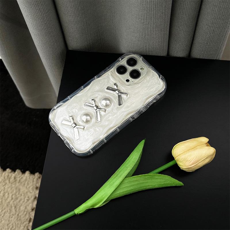 Pearl Bow Cream Ins Style Phone Case for IPhone 17 Pro Max Glitter Resin for IPhone 16 Soft