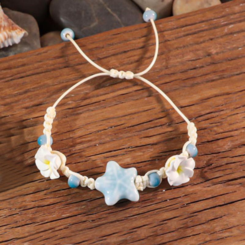 Ocean Elements Ceramic Starfish Turtle Necklace Bracelet Set, Three-dimensional Soft Pottery Flower Adjustable Weaving Jewelry