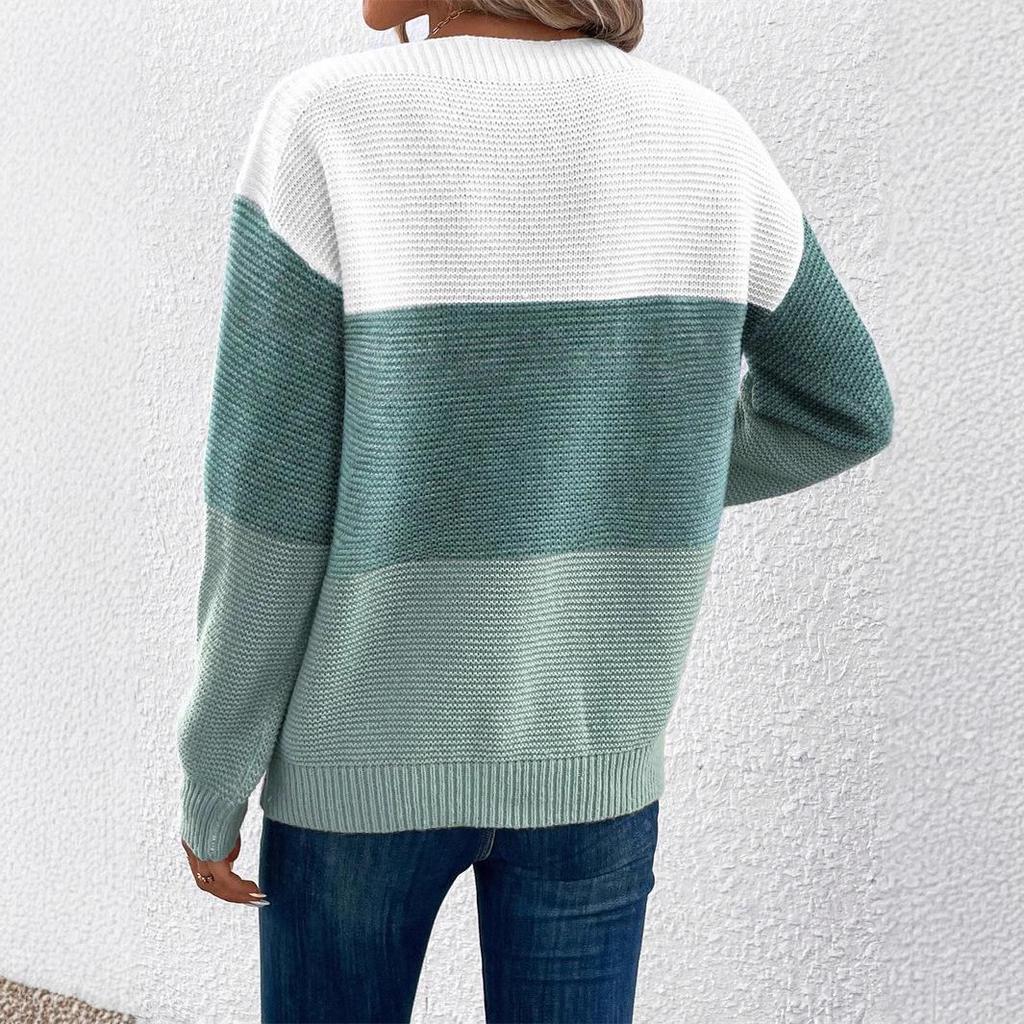 Color Block Knitted Sweater – Women's Cozy Loose Fit, Autumn & Winter Style