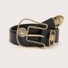 Retro Large Buckle Leather Belt For Women With Mesh Pattern And Silver Alloy Clasp