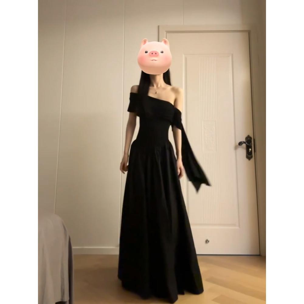 French Hepburn style black one-word shoulder dress women's summer tall temperament thin long dress to ankle super long