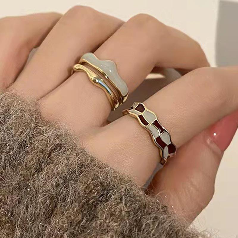 Vintage Enamel Oil Open Gold Rings Checkerboard Finger Ring Accessories Jewelry Gift