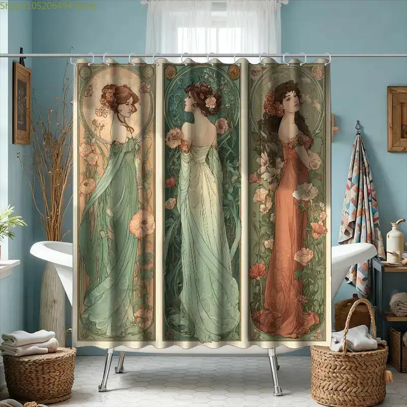 1pc Bathroom Shower Curtain, Original Illustration Art Exhibition Series, Japanese-style Shower Curtain, Includes 12 Hooks, 18