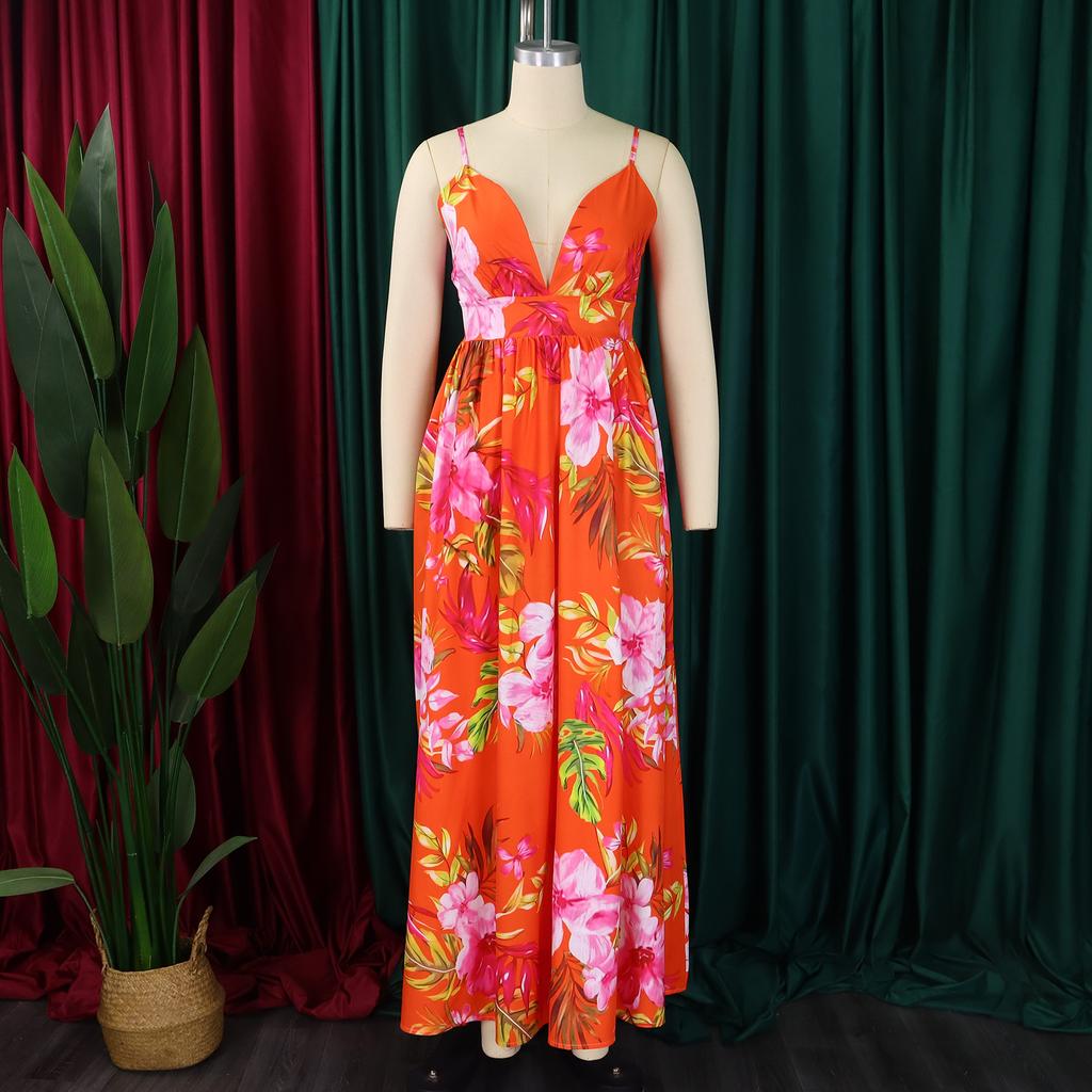 Spring and Summer Fashion Temperament V-neck Suspender Printed Beach Long Skirt Sexy Fashion Casual Women's Dress