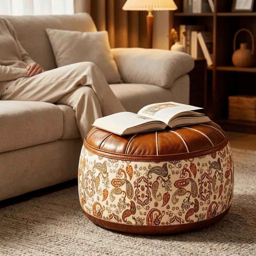 PU Leather Seat Cushion Cover Vintage Unstuffed Sofa Stool Cover Large Capacity Waterproof Round Footstool Cover Balcony