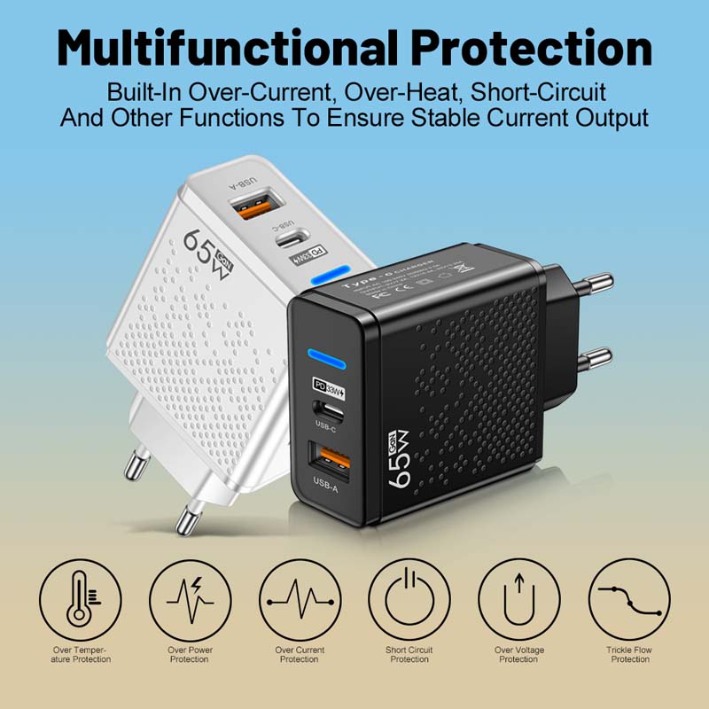 65W GaN Charger EU KR AU Plug Adapter Laptop Fast Charging For iPhone USB Type C Quick Charger Mobile Phone USB Charger