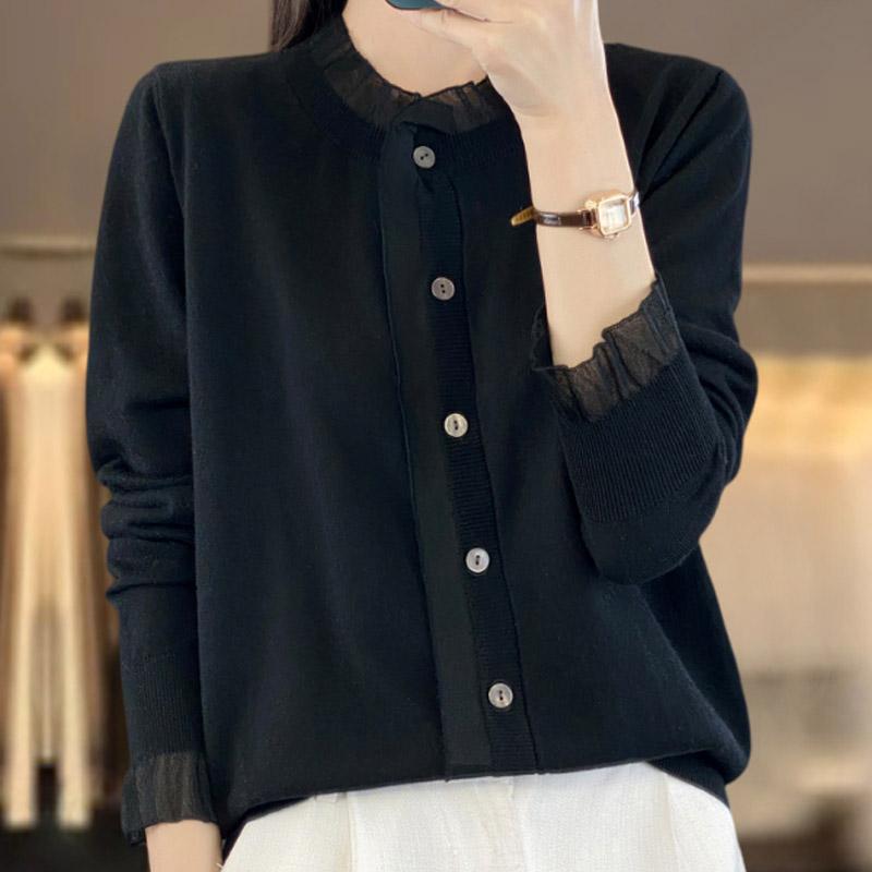 Женские свитера, пуловеры 2025 Осень-Зима Длинный рукав О-образный вырез Черный вязаный свитер Женские топы Пуловер JJ121 One Size чёрный