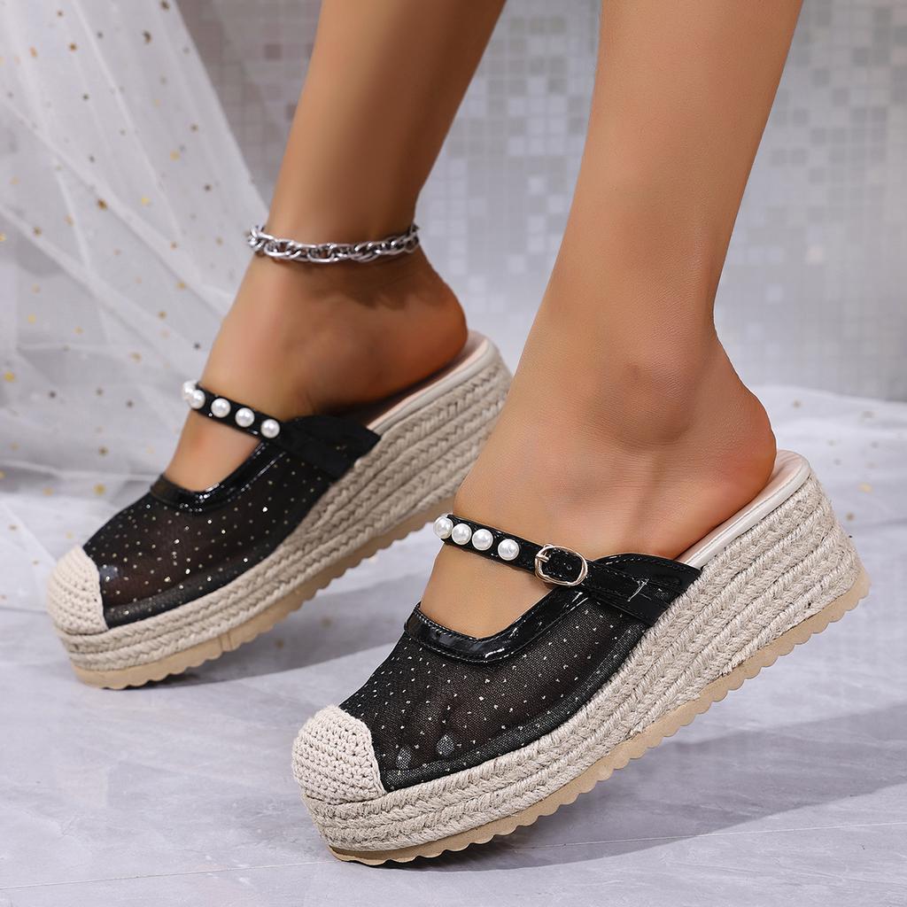Breathable Lace Wedge Heel Mules Women 2025 Summer Luxury Pearl Chain Close Toe Slippers Bohemia Soft Hemp Sole Sandals Women