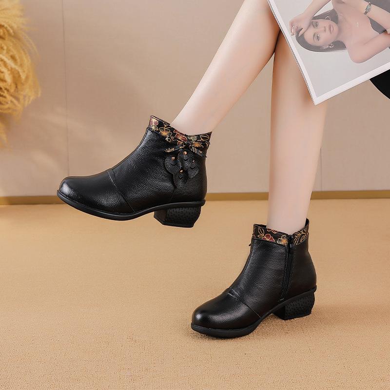 Johnature Genuine Leather Shoes Retro Ethnic Style Thick Heel Versatile Women's Short Boots