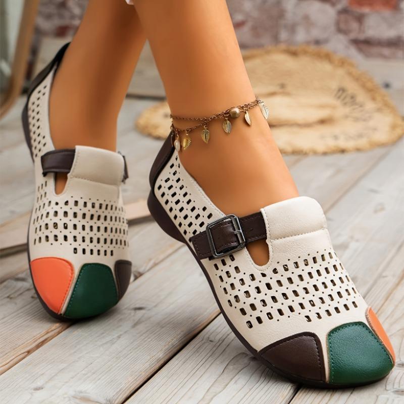 Retro Ethnic Style Button-up and Hollowed-out Women's 2025 Summer New Flat Soft Leather Shoes for Lazy People