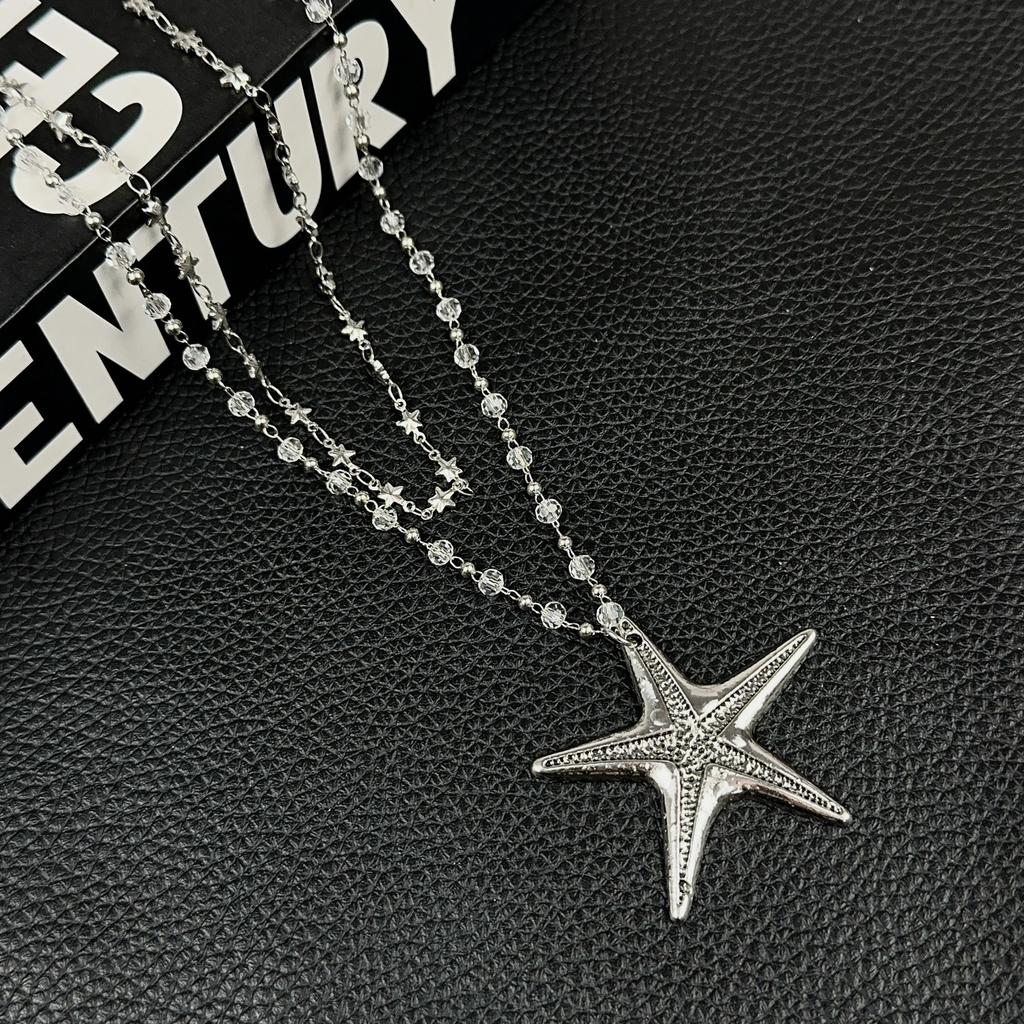 European and American new minimalist star double-layer silver starfish beaded necklace long sweet and cool Spice Girl style accessories women
