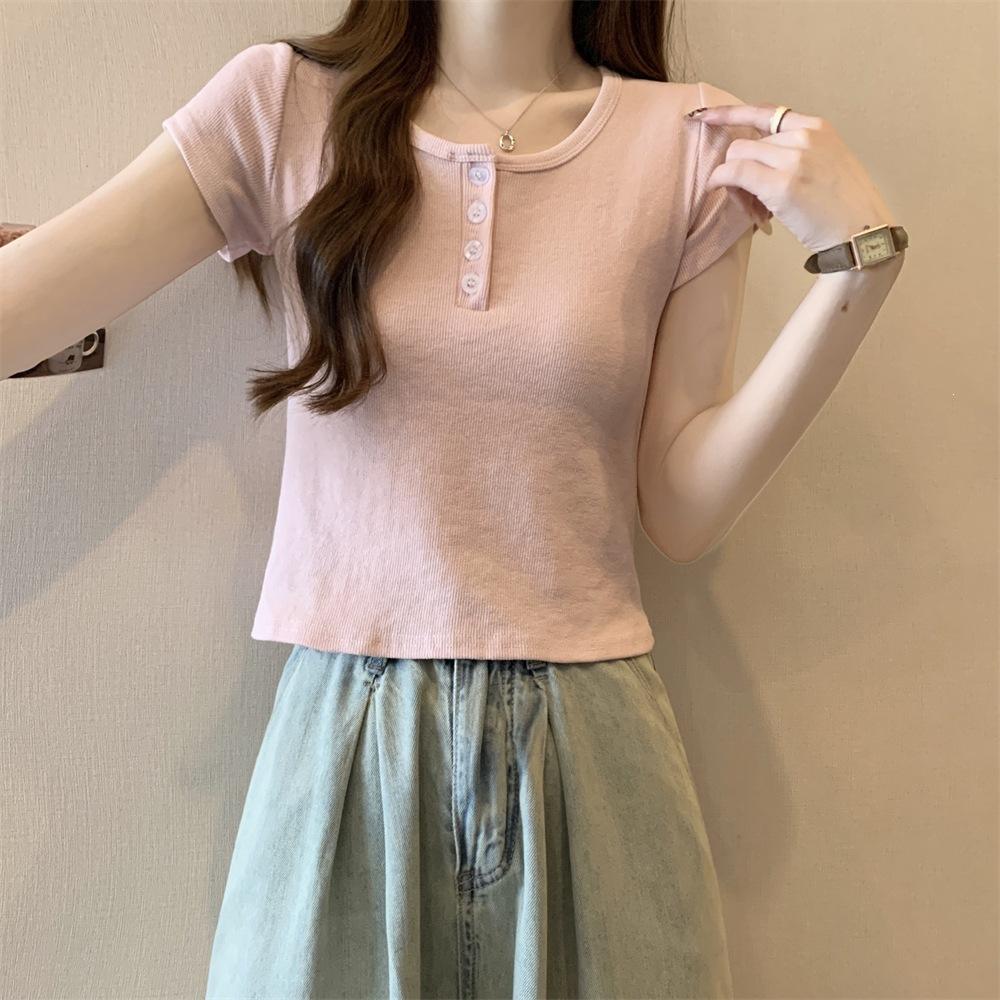 New Shoulder Slim-fitting Curved Round Neck Short-sleeved T-shirt Women's Short Button-up Summer Design Top