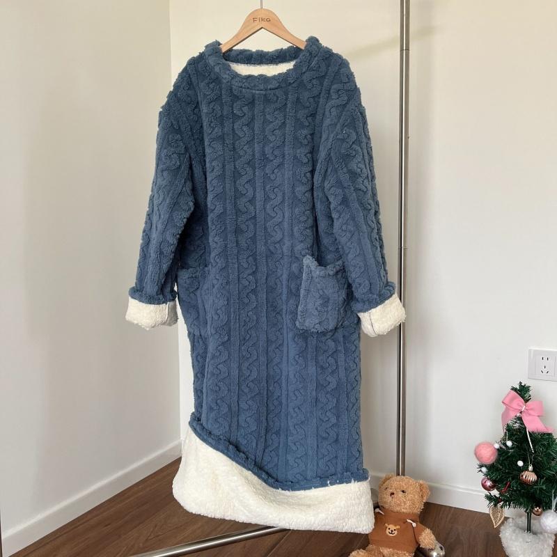 Coral Fleece Jacquard Nightgown Winter Pajamas Warm Homewear Nightdress