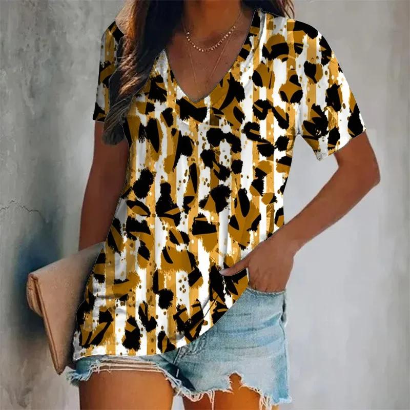 New Summer Women Vintage T-shirt Leopard Print V-Neck Tops Tees Female Fashion Short Sleeve Clothing Ladies Daily Casual Outfit