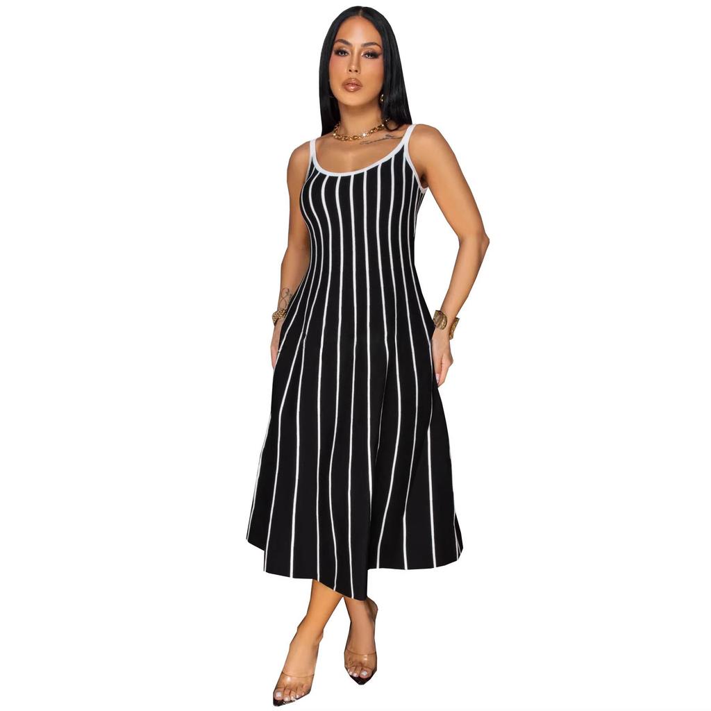 Retro Stripe Patchwork Backless Slip Dress - Color Block Sleeveless Long Slim Fit