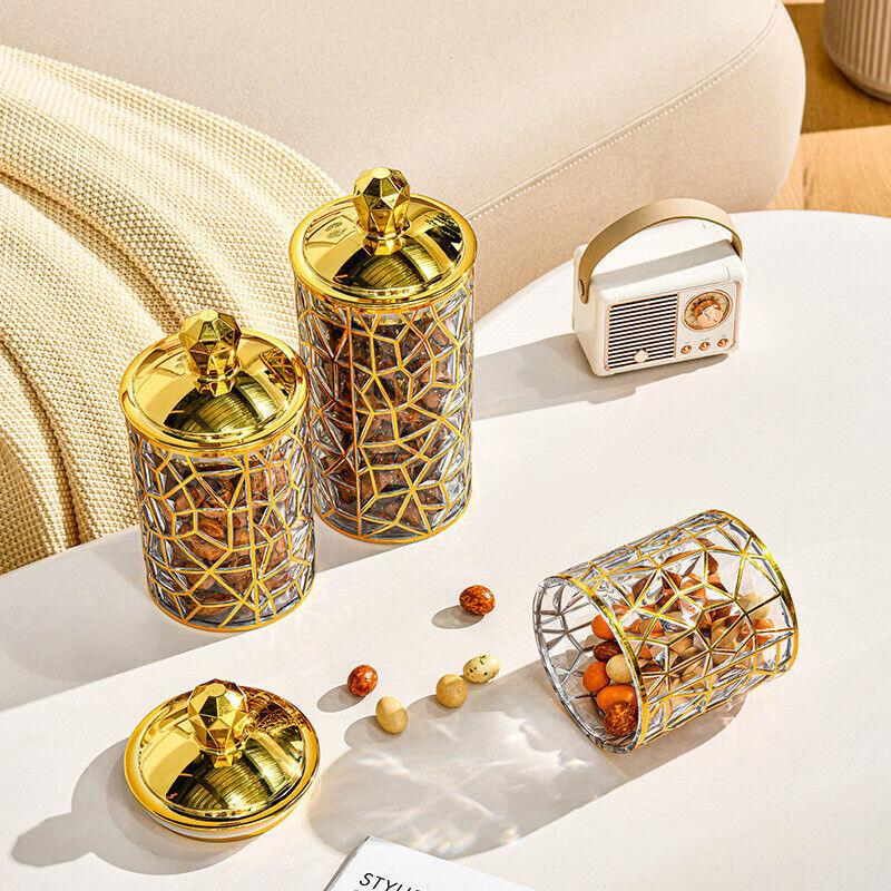 1PC Multifunctional Storage Tank Light Retro Pattern Transparent Sealed Jar Luxury Golden Lid Candy Coffee Bean Storing Jar