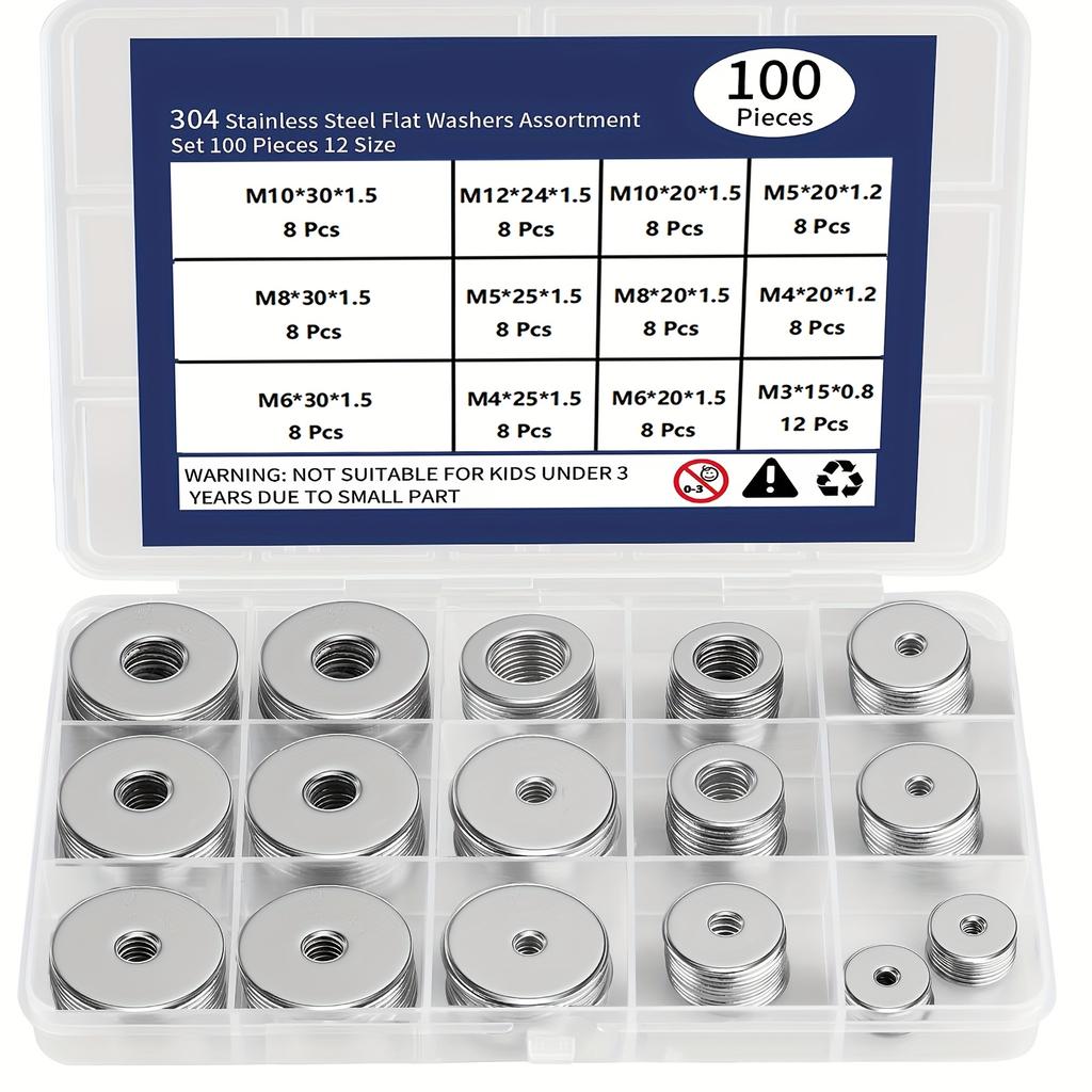18-8(304) Stainless Steel Fender Washers, Flat Washers for Screws and Bolts, 100pcs Metal Washers Kit (12 Sizes M3-M12), Assorte