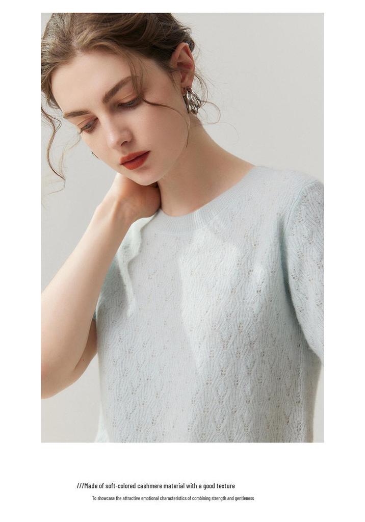 Lekasha 100% Pure Cashmere Round Neck Hollow Knit Short Sleeve T-Shirt