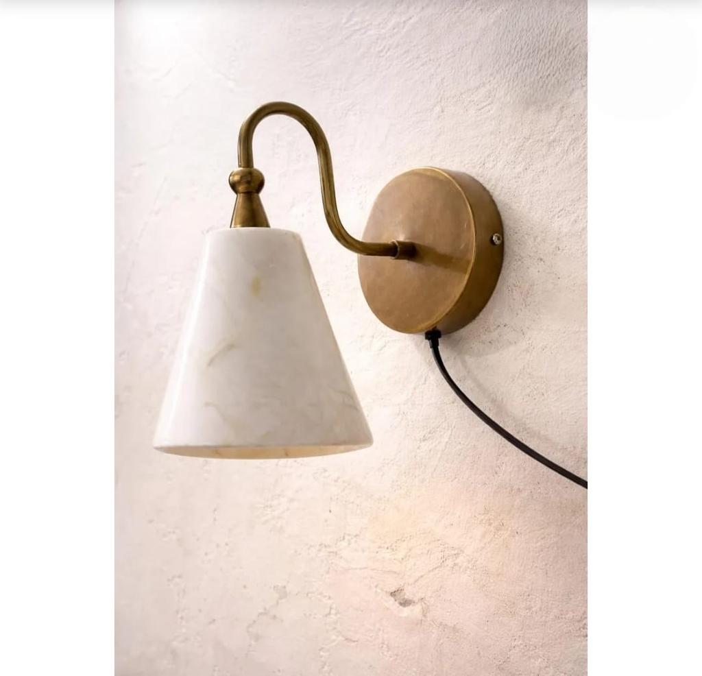 Mid Century Modern Vintage Brass Wall Sconce Alabaster Stone Glass Light Bedside & Bedroom Wall Lamp Luxury Handmade Home Decor Lighting