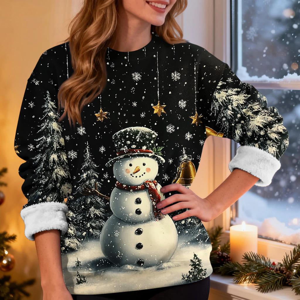 Women's Fashion Casual Long Sleeve Christmas Printed Round Neck Plus Velvet Thickened Sweatshirt