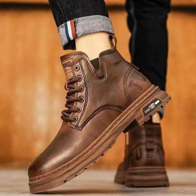 Fashion Men's Boots Fashion Motorcycle Boots High-top Casual Leather Boots for Men Plush Warm Winter Boot Non Slip Platform Boot Botas