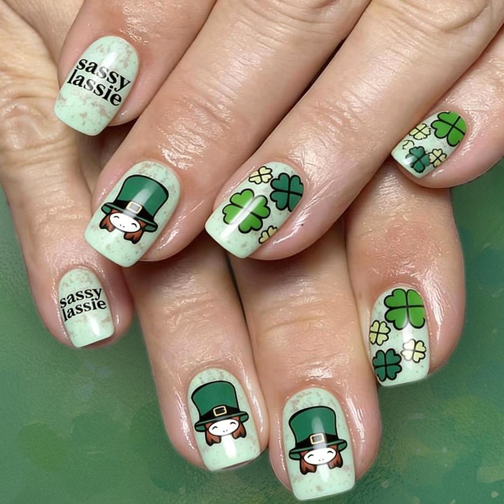 St. Patrick s Day Green Four-Leaf Clover Chinese Style Wearable Armor Nail Tips, 24 Detachable Pieces