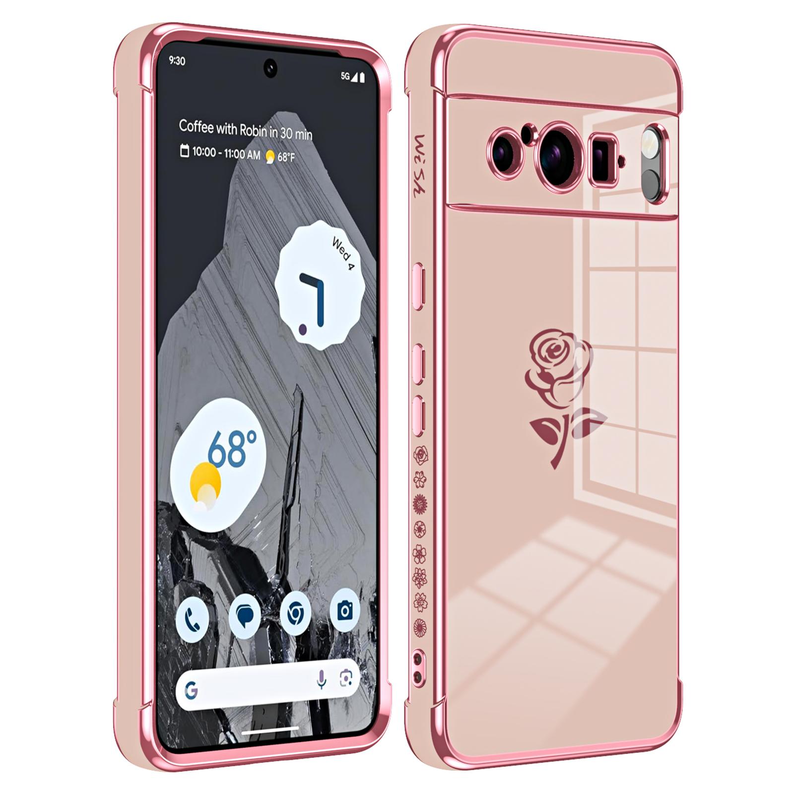 

For Google Pixel 8 Pro Case Electroplating Edge Rose Pattern TPU Phone Back Cover Airbag Drop Proof A