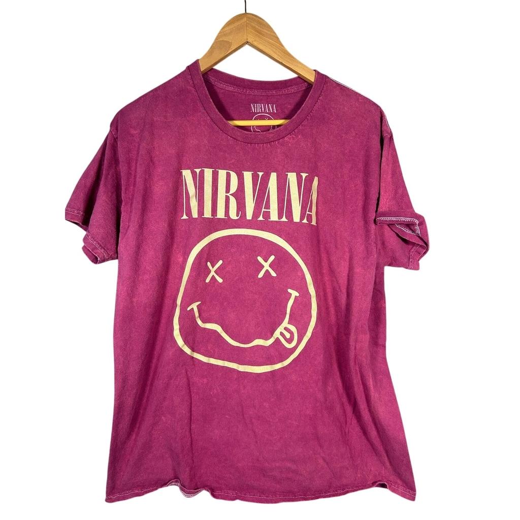 Nirvana Uśmiechnięta Twarz T-shirt Magentowy Spierany Graficzny T-shirt Duży