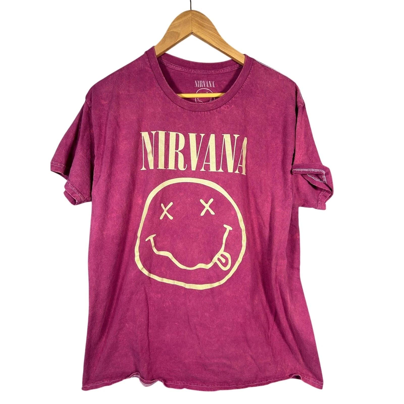 Nirvana Smiley Face T T-Shirt Magenta Washed Graphic Tee Large L