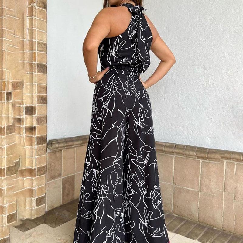 Women European Style Printed High Waist Wide Leg Casual Pants