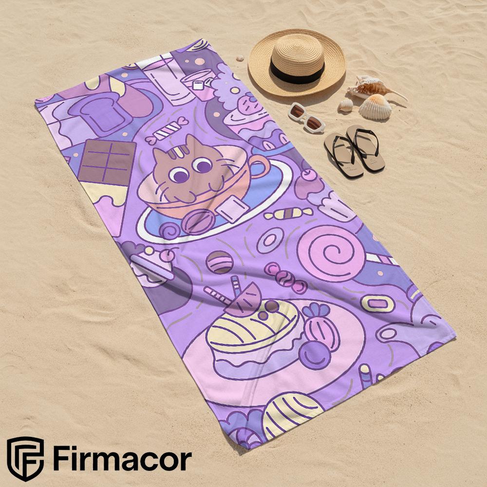 Purple Sweet Cat Doodle Cartoon Anime Beach Towel Microfiber Quick Dry Super Absorbent Soft Bath Towel for Kids Adults Travel