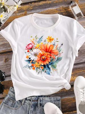(Asian Size) Watercolor Style Trend Women Tee Top Clothing Casual Print Lady  Flower Fashion Short Sleeve T Shirt Female Graphic T-shirts
